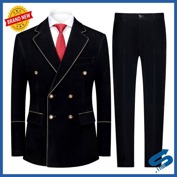 Men's Velvet Double Breasted Tuxedo Slim Fit Suit Set Gold Buttons